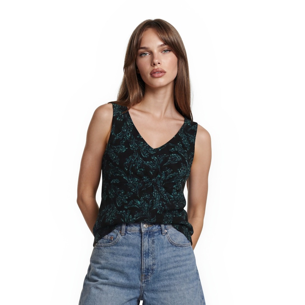 Ann Taylor Tank Sweater Top Womens Size Small Petite PS Teal Black Scroll V Neck